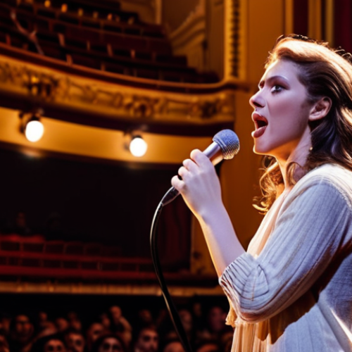 **Image:** A singer on stage, bathed in warm spotlight, confidently holding a microphone. The audience is blurred and indistinct, but conveys a sense of captivated attention. The overall mood is one of overcoming stage fright and embracing the performance with passion. The background subtly suggests the Teatro alla Scala.