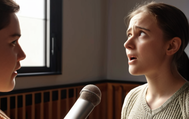 **A vocal coach attentively listening to a student sing, emphasizing active listening, empathy, and constructive feedback. Warm, supportive atmosphere.**