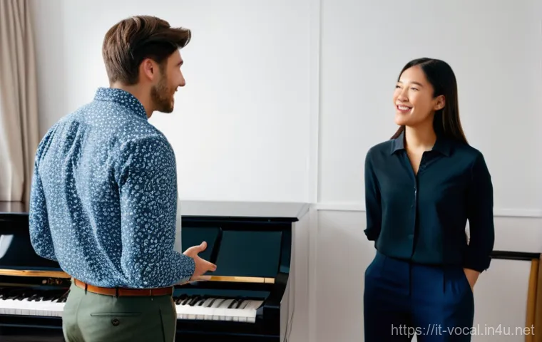 보컬트레이너 대면 레슨 vs 온라인 레슨 - **Vibrant In-Person Vocal Lesson:** A female vocal coach, late 30s, with a warm and encouraging expr...