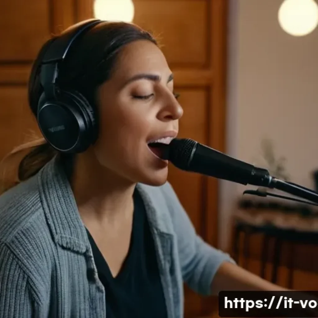 보컬트레이너 음악적 창의성 훈련 - A focused female vocalist in her mid-30s practicing vocal improvisation in a cozy Italian-style home...