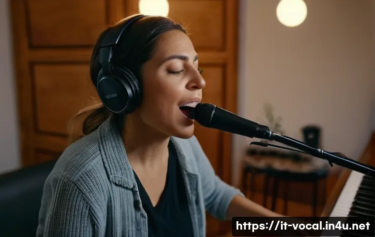 보컬트레이너 음악적 창의성 훈련 - A focused female vocalist in her mid-30s practicing vocal improvisation in a cozy Italian-style home...
