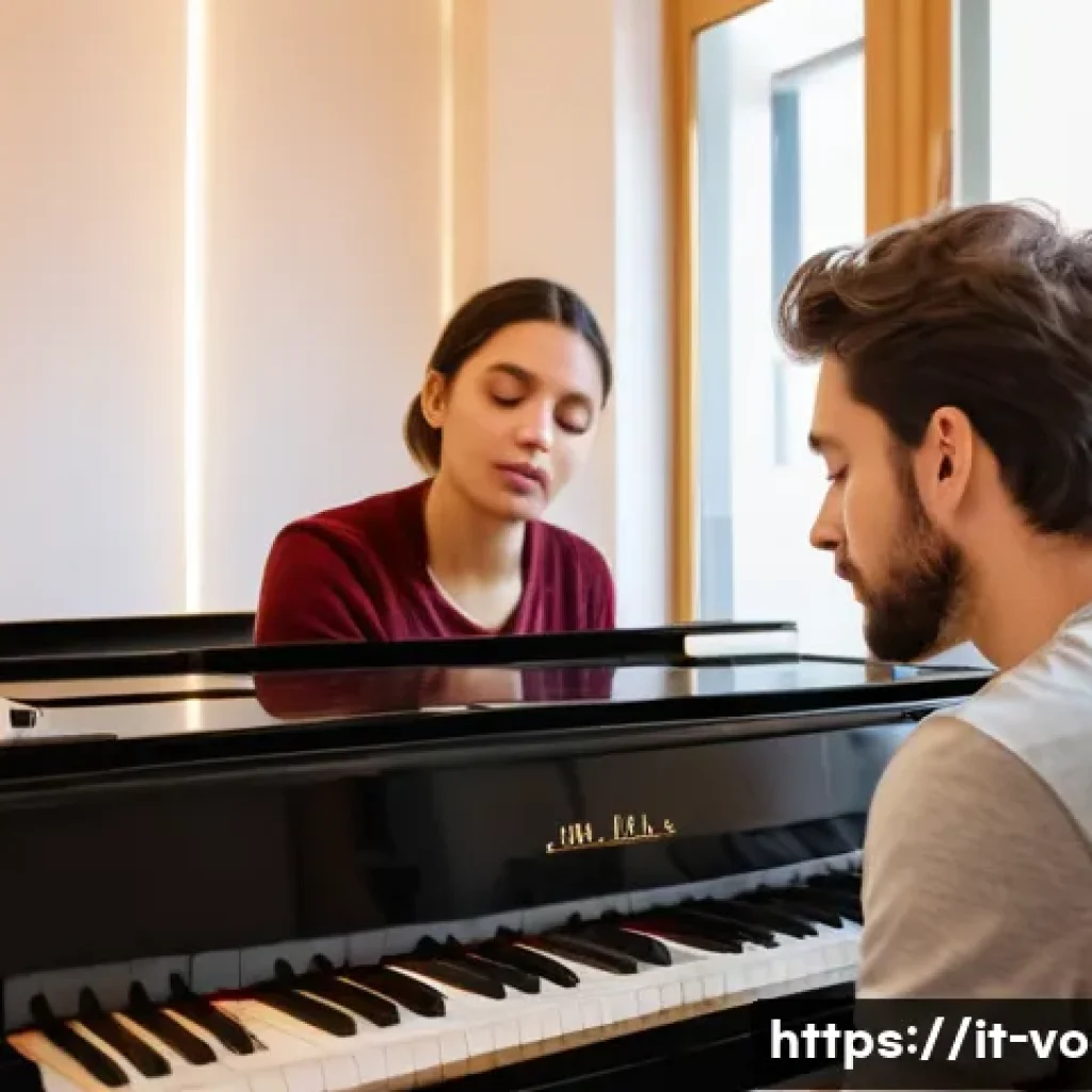 보컬트레이너 음악적 감각 - A professional vocal coach in a modern Italian music studio, guiding a young adult student wearing c...