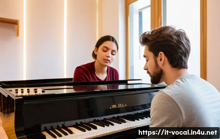 보컬트레이너 음악적 감각 - A professional vocal coach in a modern Italian music studio, guiding a young adult student wearing c...