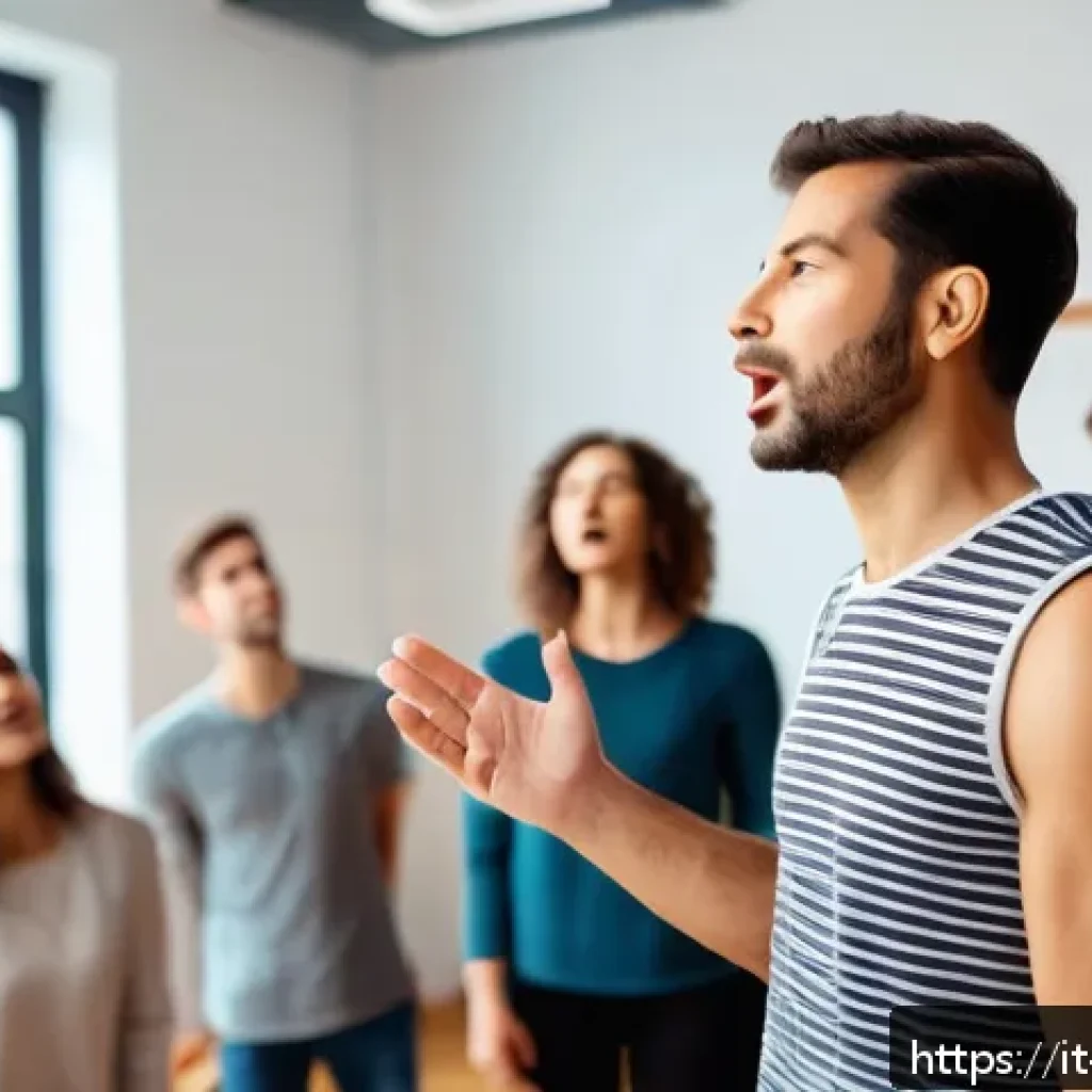 보컬트레이너 보컬 교재 추천 - A professional vocal coach teaching a diverse group of adult students in a modern studio setting, wi...