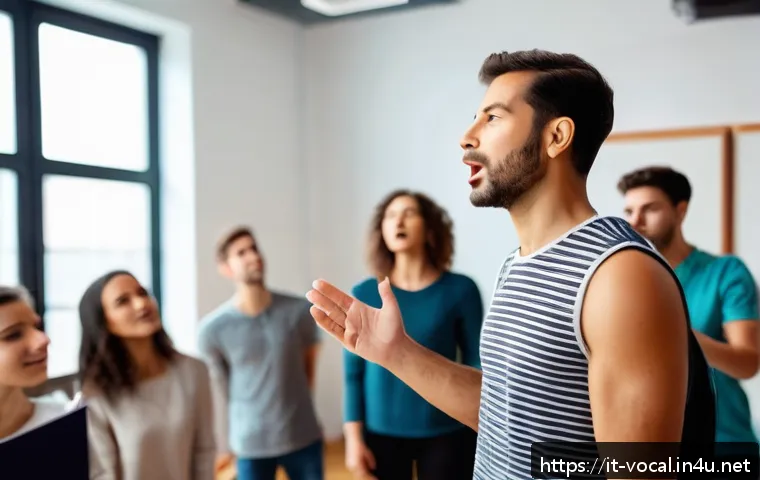 보컬트레이너 보컬 교재 추천 - A professional vocal coach teaching a diverse group of adult students in a modern studio setting, wi...