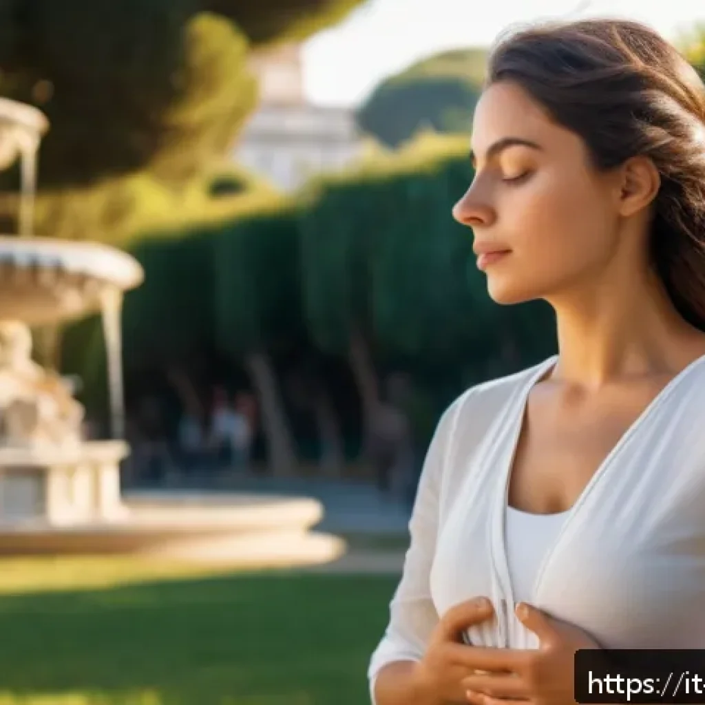 보컬트레이너 실용적인 학습법 - A serene Italian adult woman practicing diaphragmatic breathing outdoors in a sunlit park in Rome, w...