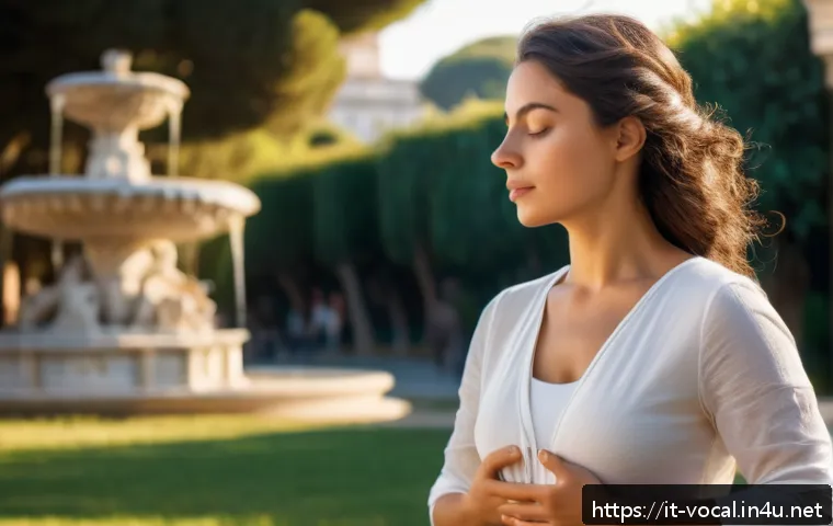 보컬트레이너 실용적인 학습법 - A serene Italian adult woman practicing diaphragmatic breathing outdoors in a sunlit park in Rome, w...