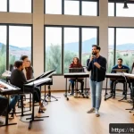 Home 22 보컬트레이너 취업 후 근무 환경 - A professional vocal coach hosting an engaging workshop in a modern music studio in Italy, surrounde...