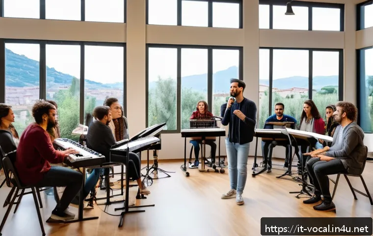 보컬트레이너 취업 후 근무 환경 - A professional vocal coach hosting an engaging workshop in a modern music studio in Italy, surrounde...