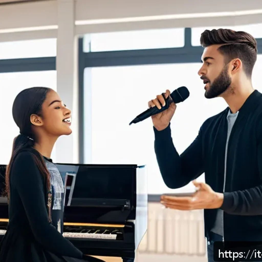 보컬트레이너 연주와 보컬 훈련의 차이점 - A professional vocal coach in a modern, bright studio guiding a young adult singer through vocal exe...