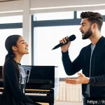 Home 21 보컬트레이너 연주와 보컬 훈련의 차이점 - A professional vocal coach in a modern, bright studio guiding a young adult singer through vocal exe...