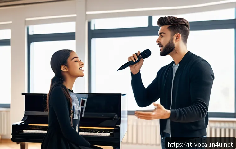 보컬트레이너 연주와 보컬 훈련의 차이점 - A professional vocal coach in a modern, bright studio guiding a young adult singer through vocal exe...
