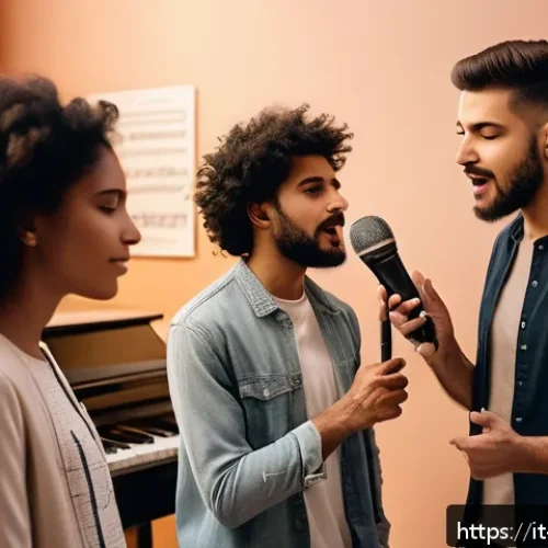 Home 32 보컬트레이너 취업 사이트 - A professional vocal coach teaching a diverse group of adult students in a modern Italian music stud...