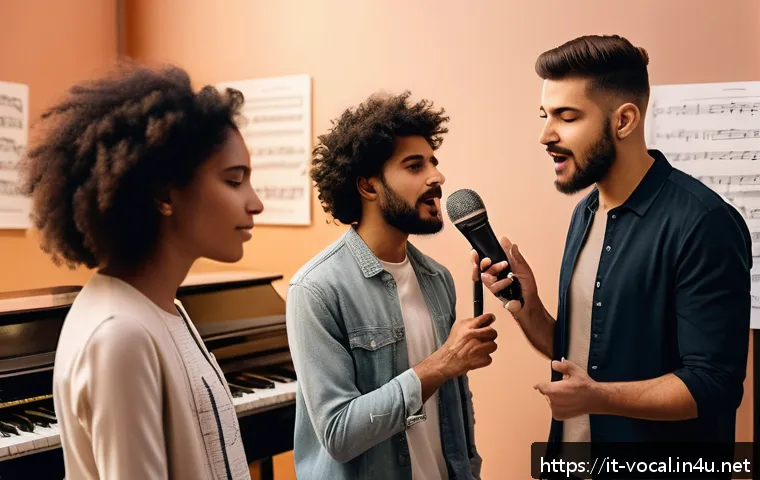 보컬트레이너 취업 사이트 - A professional vocal coach teaching a diverse group of adult students in a modern Italian music stud...