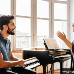 Home 19 보컬트레이너 과외업무 - A professional vocal coach teaching a diverse adult student in a cozy, well-lit music studio in Ital...