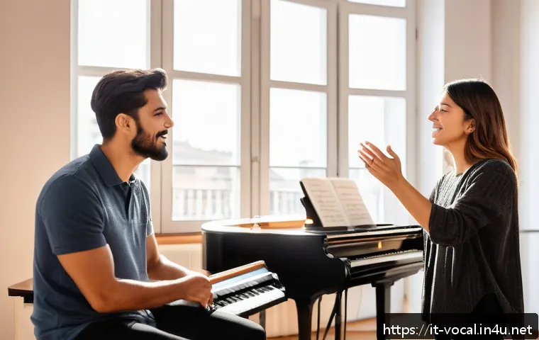 보컬트레이너 과외업무 - A professional vocal coach teaching a diverse adult student in a cozy, well-lit music studio in Ital...