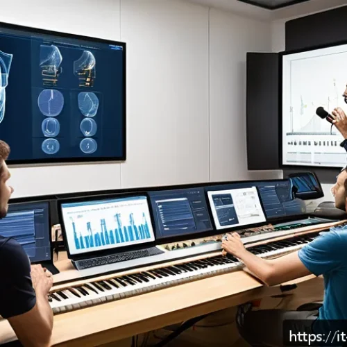 Home 30 보컬트레이너 직업 교육의 중요성 - A professional vocal coach in a modern music studio, demonstrating vocal techniques to a diverse gro...