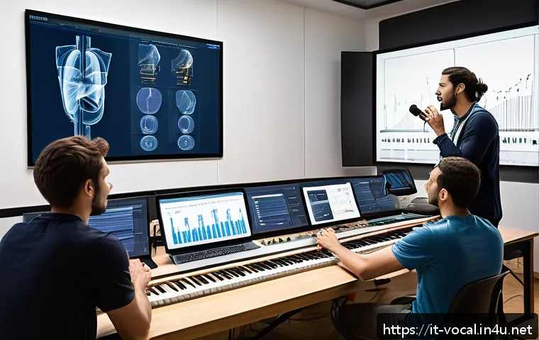보컬트레이너 직업 교육의 중요성 - A professional vocal coach in a modern music studio, demonstrating vocal techniques to a diverse gro...