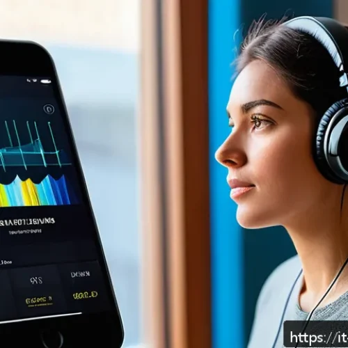 Home 17 보컬트레이너 최신 기술 트렌드 - A modern digital vocal training app interface displayed on a sleek smartphone screen held by a young...